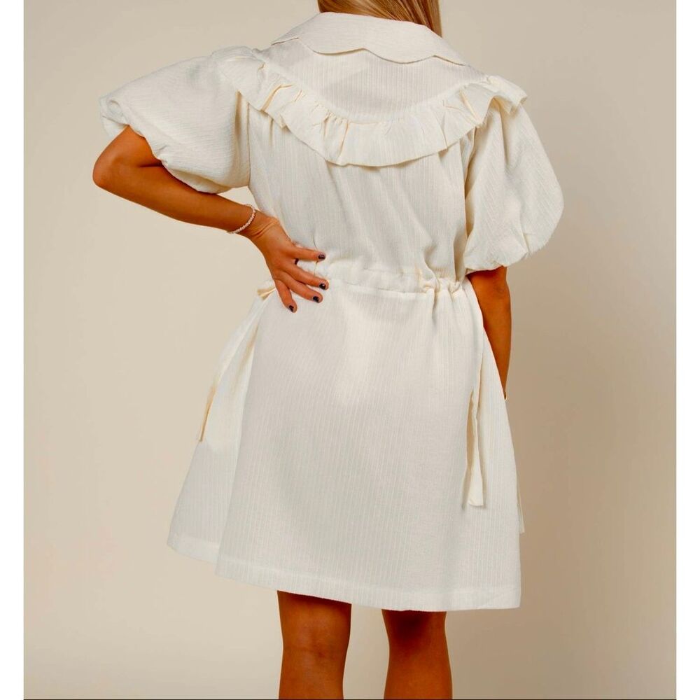 Listicle Women’s Cream Stripe Ruffle Puff Sleeve Dress Sz Lg NEW - Picture 4 of 11